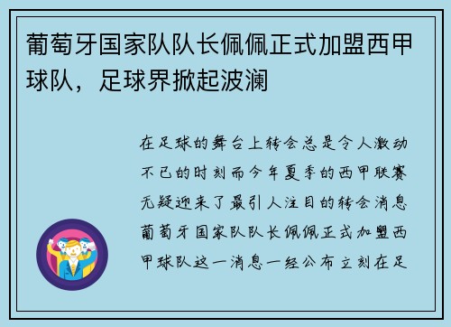 葡萄牙国家队队长佩佩正式加盟西甲球队，足球界掀起波澜