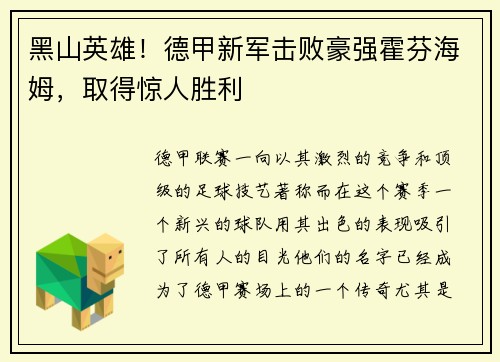 黑山英雄！德甲新军击败豪强霍芬海姆，取得惊人胜利